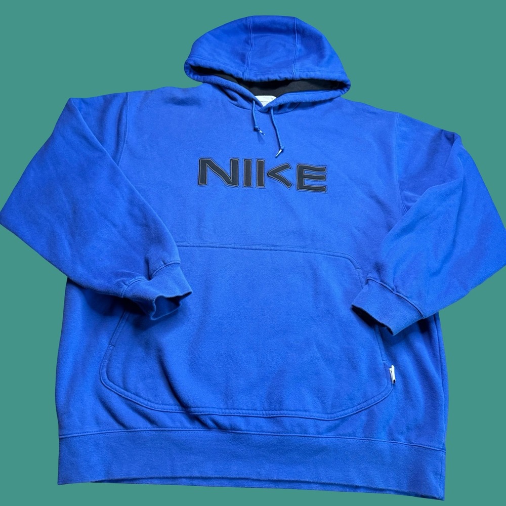 Nike Hoodie XL Mens Blue Black Spellout Logo Fleece Pullover Y2K Athletic